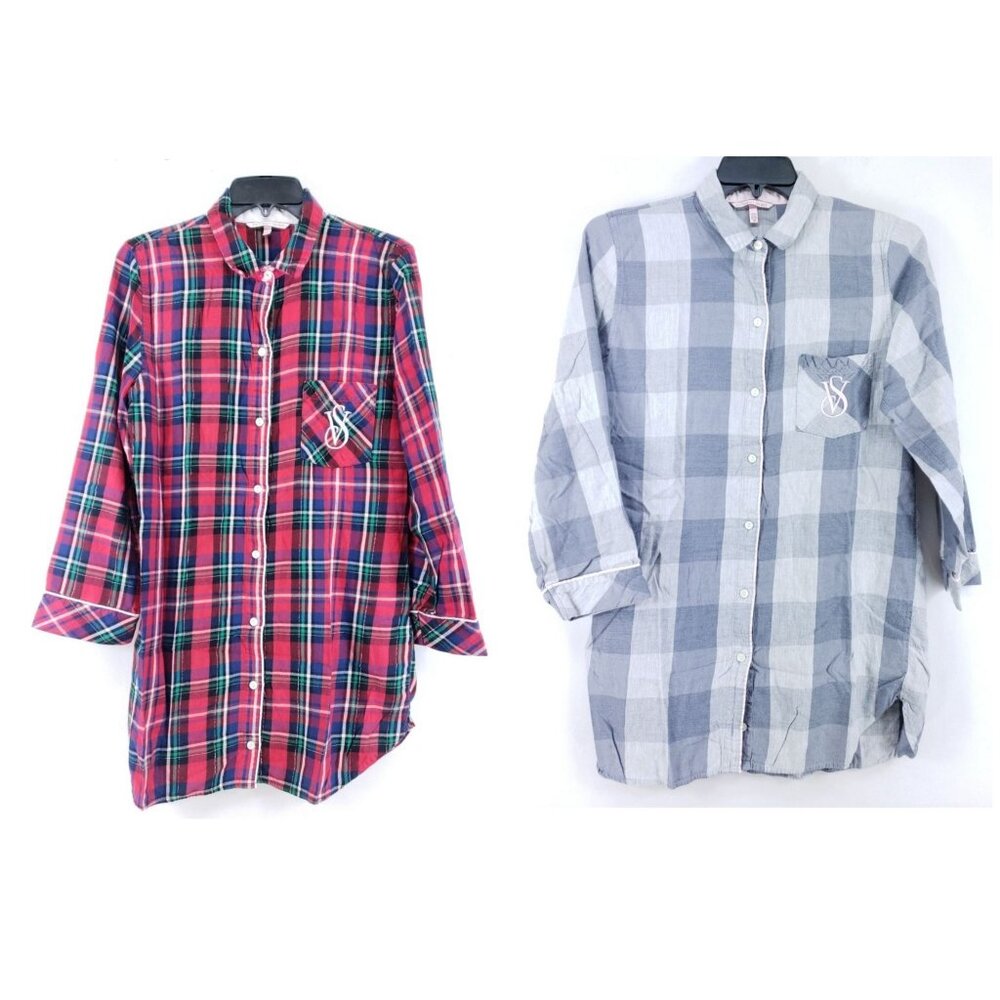 2 Victoria's Secret Shirt Women's Size Small Red Gray Plaid - Picture 1 of 14